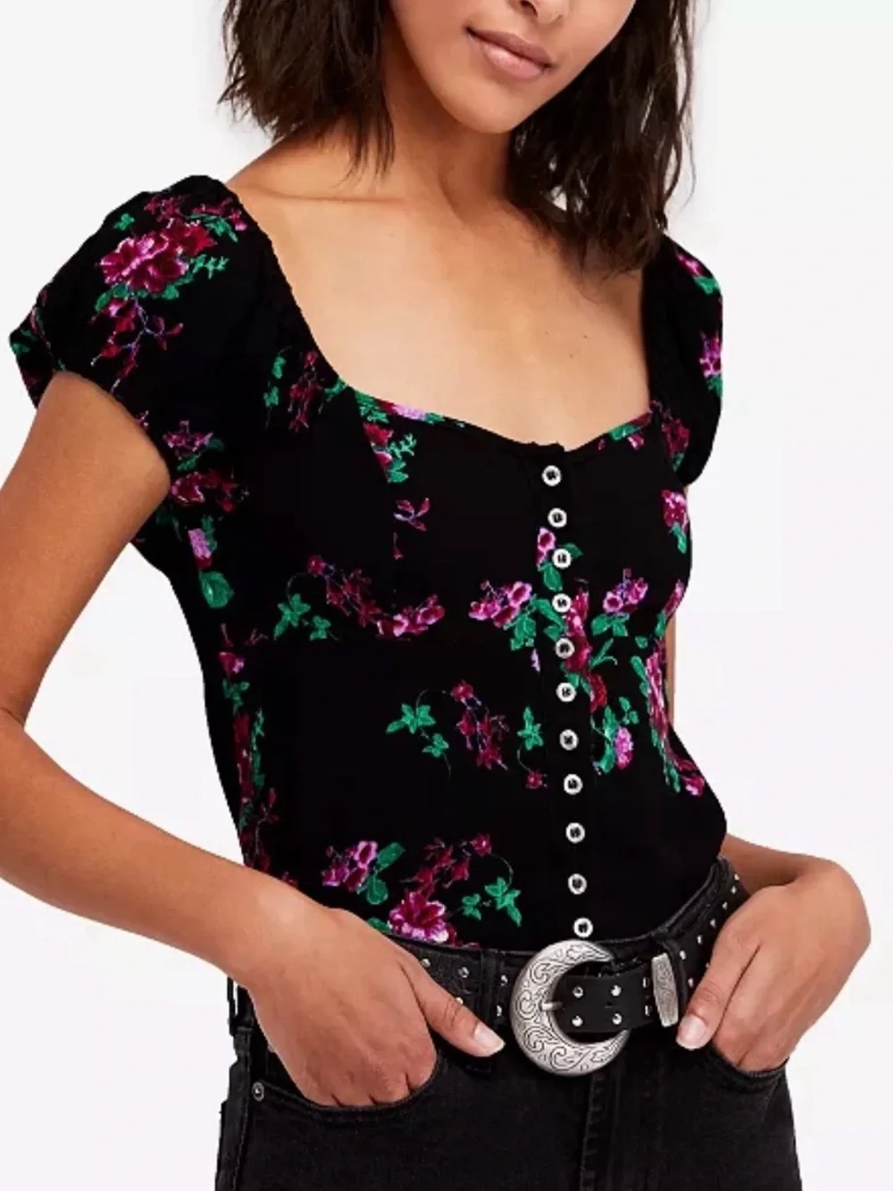 Free People Black Floral Button-Front Scoop Neck Top